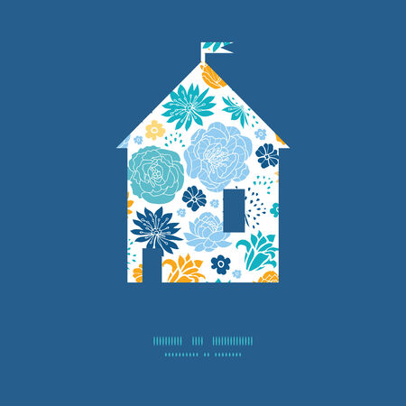 Vector blue and yellow flowersilhouettes house silhouette pattern frameのイラスト素材