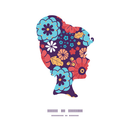Vector colorful bouquet flowers girl portrait silhouette pattern frameのイラスト素材