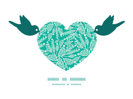 Vector emerald green plants birds holding heart silhouette frame pattern invitation greeting card templateのイラスト素材