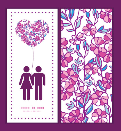 Vector vibrant field flowers couple in love silhouettes frame pattern invitation greeting card templateのイラスト素材