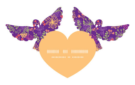 Vector colorful garden plants birds holding heart silhouette frame pattern invitation greeting card templateのイラスト素材