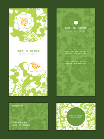 Vector green and golden garden silhouettes vertical frame pattern invitation greeting, RSVP and thank you cards set