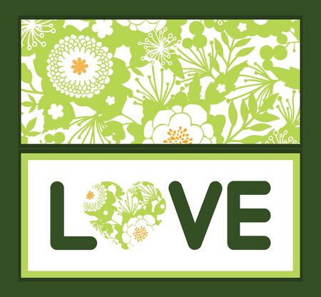 Vector green and golden garden silhouettes love text frame pattern invitation greeting card templateのイラスト素材
