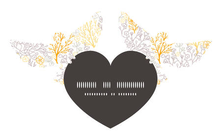 Vector magical floral birds holding heart silhouette frame pattern invitation greeting card templateのイラスト素材