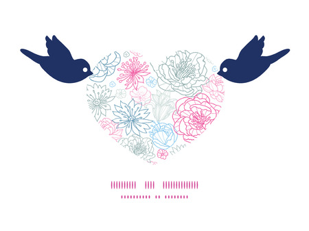 Vector gray and pink lineart florals birds holding heart silhouette frame pattern invitation greeting card templateのイラスト素材