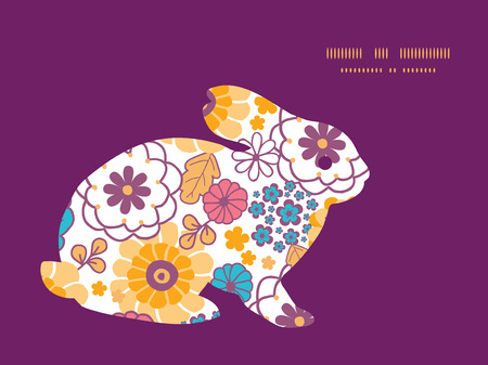 Vector colorful oriental flowers bunny rabbit silhouette Easter frameのイラスト素材