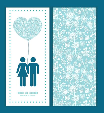 Vector blue and white lace garden plants couple in love silhouettes frame pattern invitation greeting card templateのイラスト素材