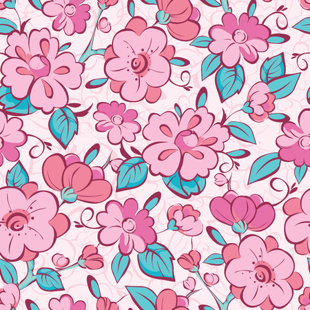 Vector pink blue kimono flowers seamless pattern backgroundのイラスト素材