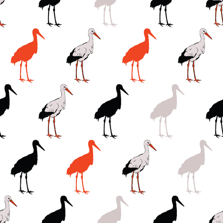 Vector Black Rad Standing Cranes Seamless Pattern graphic designのイラスト素材