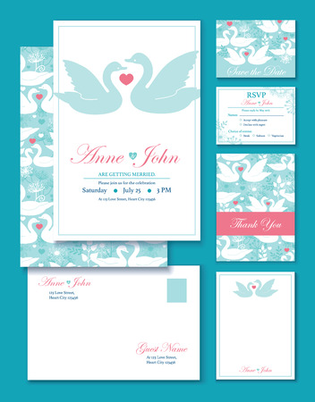 Vector Swans Wedding Invitation Set. RSVP, Thank You Card, Envelop graphic designのイラスト素材