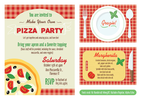Vector Make Your Own Pizza Party Invitation Set. Recipe Card. Grazie Thank You graphic design. Fonts used - Oz Handicraft Win95BT, Kaliakra Regular, Alpha Echo.のイラスト素材