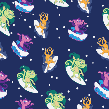 Vector Colorful Cute Surfing Monkeys Seamless Pattern. Surfboard Wave Chimp graphic designのイラスト素材