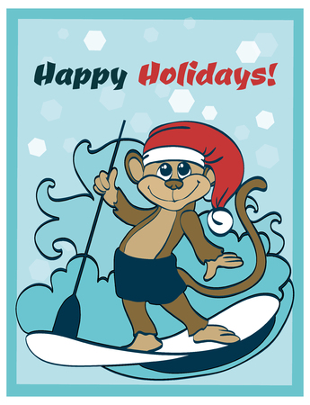 Vector Happy Surfing Holidays Paddleboarding Monkey Greeting Card graphic designのイラスト素材