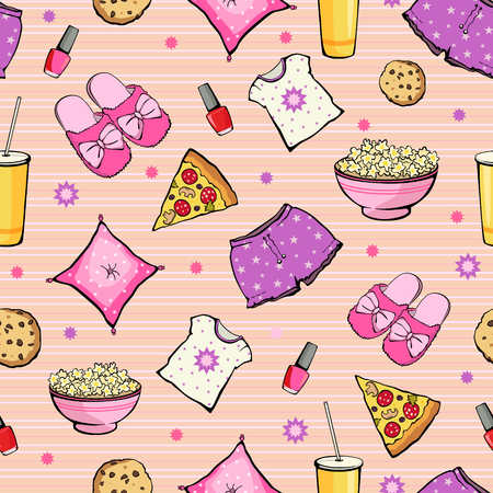 Vector Pink Slumber Party Food Objects Seamless Pattern. Pizza. Popcorn. Pajamas. Treat. Graphic designのイラスト素材