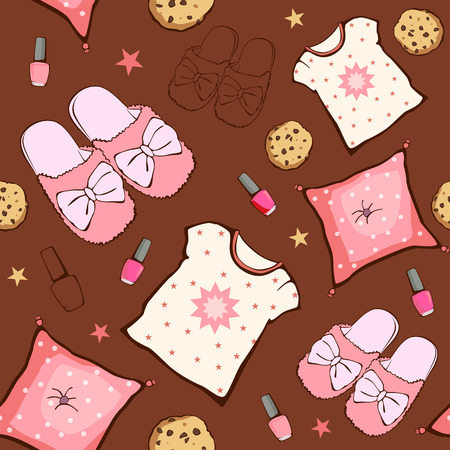 Vector Pink Brown Sleepover Party Food Objects Seamless Pattern. Pizza. Popcorn. Pajamas. Treat. Graphic designのイラスト素材