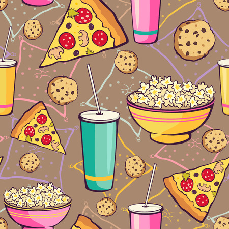 Vector Brown Slumber Party Food Seamless Pattern. Pizza Drink Cookie Popcorn Snack Graphic designのイラスト素材