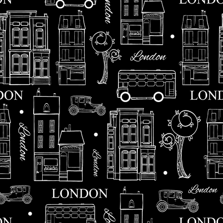 Vector Black White London Streets Hand Drawn Seamless Pattern with houses, trees, busses, and cars. Graphic designのイラスト素材