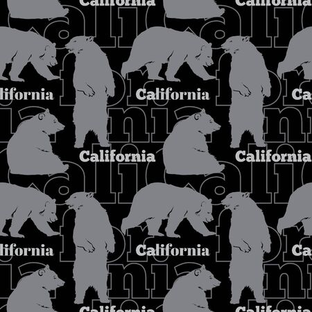 Travel California Bears Seamless Pattern with gray bears sitting, standing up and walking on black background. Graphic design. Custom California inspired fabric design or background.のイラスト素材
