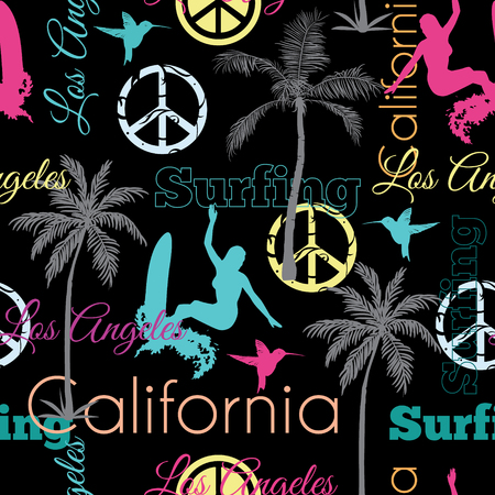 Vector Surfing California Colorful On Black Seamless Pattern Surface Design With Surfing Women, Palm Trees, Peace Signs, Surf Boards Graphic Design. Custom original fabric repeat pattern design inspired by California.のイラスト素材