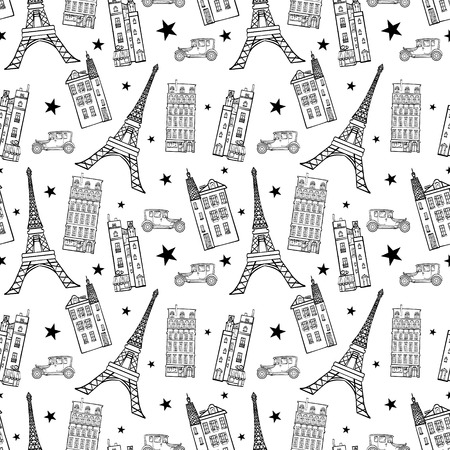 Paris Streets Black White Drawing Seamless Pattern with Eifel Tower, houses, cars and stars.のイラスト素材