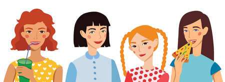 our Vector Cute Girls Friends Illustration Seamless Pattern. Ginger, Brunette, Blond and Brown Haired Girlfriends Chatting, Snacking During Lunch. Artwork is perfect for fun event gathering, magazine article, packaging.のイラスト素材