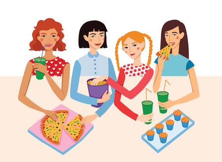 Dinner Party Movie Night With Four Cute Girls Friends Illustration. Ginger, Brunette, Blond And Brown Haired Girlfriends Different Hairstyles Chatting, Snacking together. Artwork is perfect for fun event gathering, magazine article, packaging.のイラスト素材