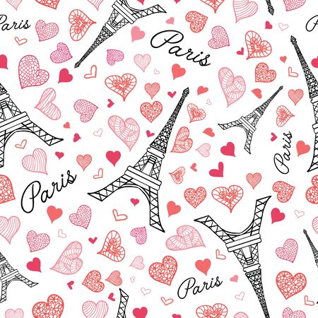 Unique Vector Eifel Tower Paris Seamless Repeat Pattern Bursting With St Valentines Day Pink Red Hearts Of Love. Perfect for travel themed postcards, greeting cards, wedding invitations.のイラスト素材