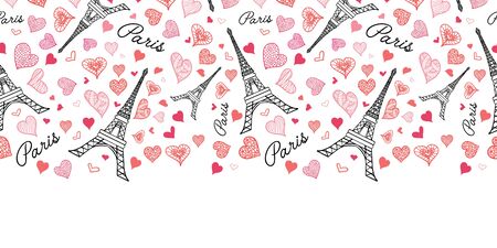 Unique Vector Eifel Tower Paris Seamless Repeat Pattern Horizontal Border Bursting With St Valentines Day Pink Red Hearts Of Love. Perfect for travel themed postcards, greeting cards, wedding invitations.のイラスト素材