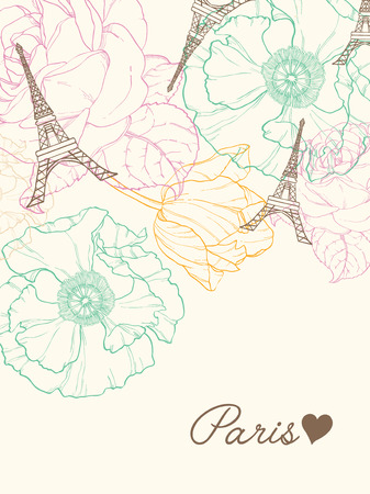 Unique Vector Eifel Tower Paris Greeting Card In Vintage Style With Beautiful, Romantic Pastel Flowers. Perfect for travel themed postcards, party, wedding invitations.のイラスト素材