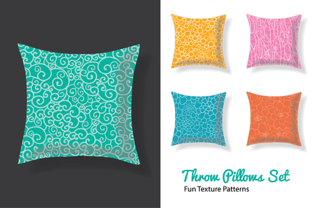 Set Of Throw Pillows In Matching Unique Natural Doodle Seamless Patterns. Square Shape. Editable Vector Template.のイラスト素材