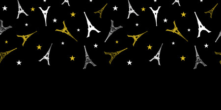 Vector Gold White Eifel Tower Paris Horizontal Seamless Pattern Border With Stars At Night. Perfect for travel themed postcards, greeting cards, wedding invitations.のイラスト素材