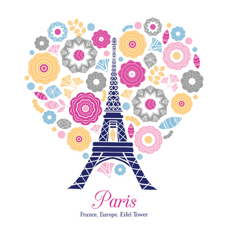 Vector Eifel Tower Paris Bursting With St Valentines Day Pink Red Golden Hearts Of Love. Perfect for travel themed postcards, greeting cards, wedding invitations.のイラスト素材