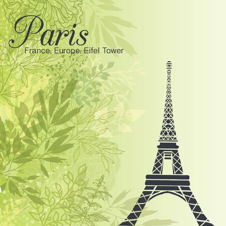 Vector Paris Eifel Tower On Green Leaves Spring Background. Great For Travel In France Card, Poster, Party Invitation.のイラスト素材