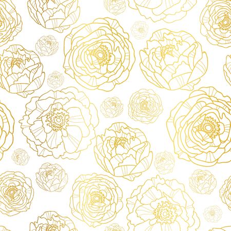 Vector Golden On White Peony Flowers Summer Seamless Pattern Background. Great for elegant gold texture fabric, cards, wedding invitations, wallpaper.のイラスト素材