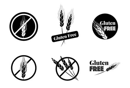 Vector Set Of Six Gluten Free Symbols With Banned Wheat Heads Icon Designs. Great for food packaging.のイラスト素材