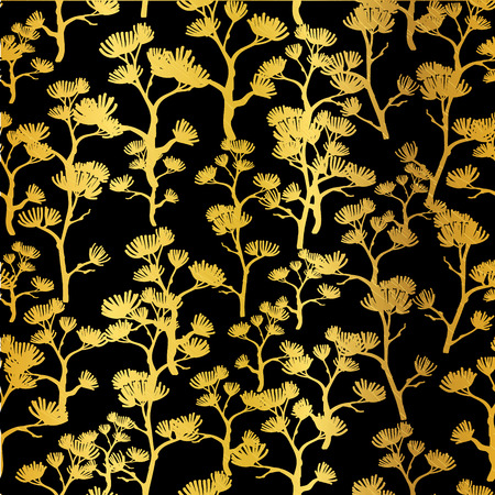 Vector Golden Black Asian Trees Seamless Pattern Background. Great for tropical vacation fabric, cards, wedding invitations, wallpaper.のイラスト素材
