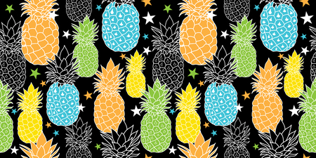 Fun Pineapples Vector Repeat Seamless Pattrern in Black, Blue, Orange and Green Colors. great for fabric, packaging, wallpaper, invitations.のイラスト素材