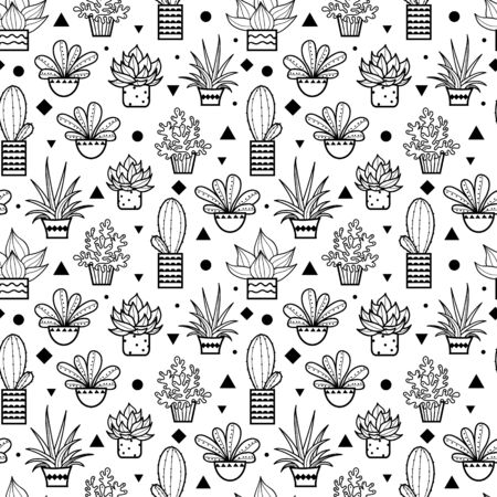 Vector Black Seamless Repeat Pattern With Growing Succulents and Cacti In Pots. Trendy tropical design for textile, fabric, packaging, backdrops, wallpaper.のイラスト素材