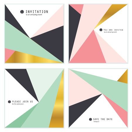 Set of 4 Creative Universal Invitation cards. Geometric Triangles Textures. Great for Wedding, Anniversary, Birthday, Party Invitations. Abstract modern design.のイラスト素材