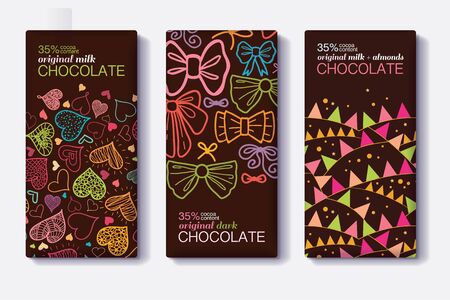 Vector Set Of Chocolate Bar Package Designs With Fun Party Decor Hearts, Bows, Flags Patterns. Milk, Dark, Almond. Editable Packaging Template Collection.のイラスト素材