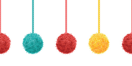 Vector Colorful Decorative Pompoms With Ropes Horizontal Seamless Repeat Border Pattern. Great for handmade cards, invitations, wallpaper, packaging, nursery designs.のイラスト素材