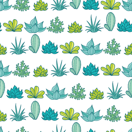 Vector Blue Green Stripes Seamless Repeat Pattern With Growing Succulents and Cacti In Pots. Trendy tropical design for textile, fabric, packaging, backdrops, wallpaper.のイラスト素材