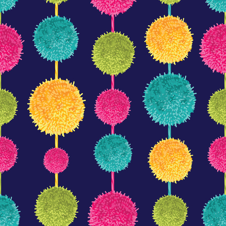 Vector Dark Colorful Decorative Hanging Pompoms Seamless Repeat Pattern. Great for handmade cards, invitations, wallpaper, packaging, nursery designs.のイラスト素材