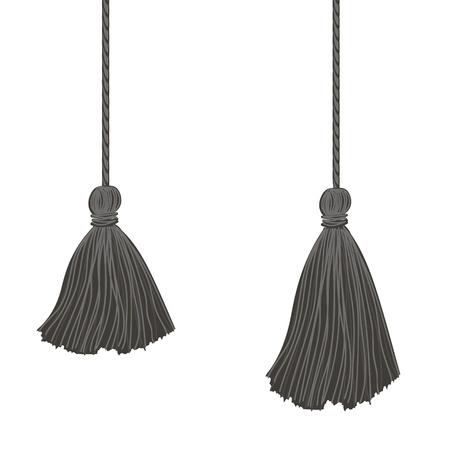 Vector Set of Two Black Hanging Decorative Tassels With Ropes. Great for graduation cards, invitations, hats, mockups, grad party designs.のイラスト素材