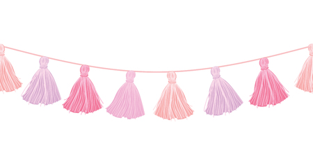 Vector Baby Girl Pink Hanging Decorative Tassels With Ropes Horizontal Seamless Repeat Border Pattern. Great for handmade cards, invitations, wallpaper, packaging, nursery designs.のイラスト素材