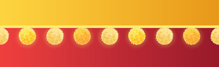 Vector Golden Yellow On Red Decorative Pom Poms With Ropes Horizontal Seamless Repeat Border Pattern. Great for handmade cards, invitations, wallpaper, packaging, nursery designs.のイラスト素材