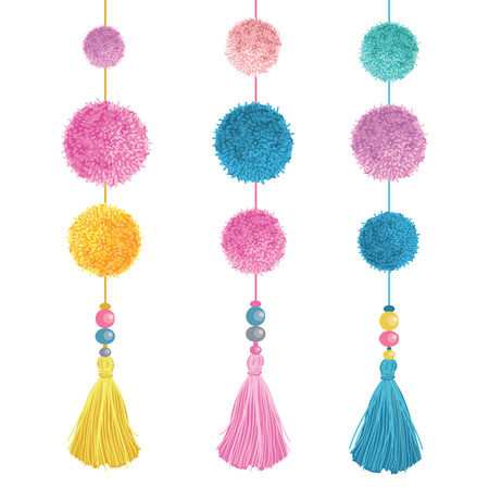 Vector Happy Colorful Birthday Party Pom Poms, Beads, and Tassels Set Of Elements. Great for handmade cards, invitations, nursery designs.のイラスト素材