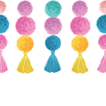 Vector Happy Colorful Birthday Party Pom Poms and Tassels Set Horizontal Seamless Repeat Border Pattern. Great for handmade cards, invitations, wallpaper, packaging, nursery designs.のイラスト素材