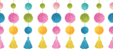 Vector Cute Colorful Birthday Party Pom Poms and Tassels Set On Strings Horizontal Seamless Repeat Border Pattern. Great for handmade cards, invitations, wallpaper, packaging, nursery designs.のイラスト素材