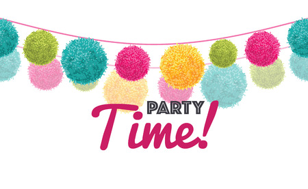 Vector Colorful Happy Birthday Party Time Text Pom Poms Set On Two Strings Horizontal Repeat Border Pattern.のイラスト素材
